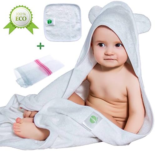 Bamboo Baby Hooded Bath Towel with Ears – Organic – Hypoallergenic – For Girls and Boys – Sized for Infant and Toddler – Laundry Bag and Baby Washcloths Included by Puritail (Towel with Ears)
