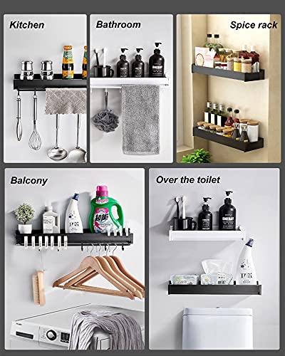 Bathroom Shower Shelf, No Drilling Aluminum Black Bathroom Shelves for Wall, Multifunctional Wall Mounted Adhesive Bathroom Shelf with Towel Rack & 4 Removable Hooks for Bathroom, Kitchen, Toilet
