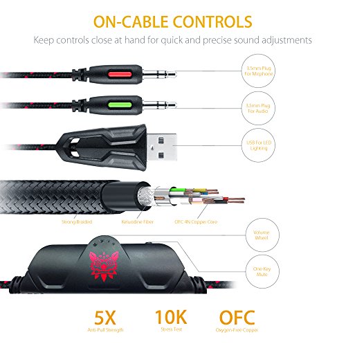 PC Gaming Headset, MillSO K1 Stereo Bass Surround Over-Ear Headphone with Adjustable Microphone, 3.5mm Audio Jack Y Cable Adapter, LED Light and Volume Control for PS4 Xbox one PC Nintendo Switch--Red - Thumbnail 6