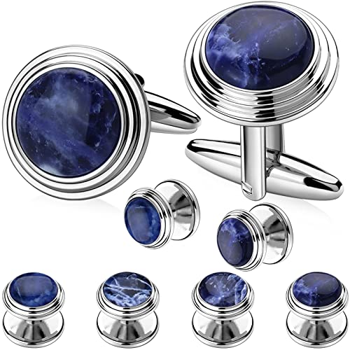 Cufflinks and Tuxedo Studs Set with Gift Box, Silver and Gold Tone Cuff Links for Men's Shirt Wedding Business