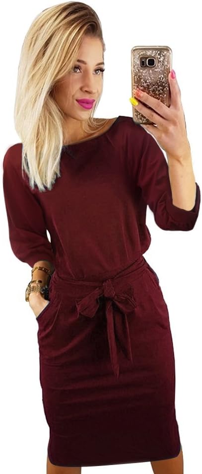 Women's Elegant Comfortable Casual Short Sleeve Pencil Dress with Belt Pockets for Work/Lounge Wear