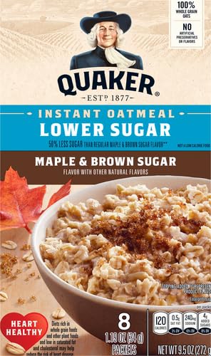 QUAKER LOWER SUGAR INSTANT OATMEAL, MAPLE BROWN SUGAR, 1.19OZ PACKETS, 8 COUNT (PACK OF 1)