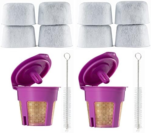 2 Packs BCLA 24K Gold K Cup Reusable Filter for Keurig 2.0 / 1.0 Single Cup Coffee Pod Brewer, Bonus 4 pack Charcoal Water Filters and 1pc Cleaning Brush