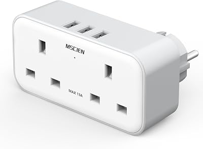 Mscien UK to European Travel Adapter Plug 3 USB 2 Way Extension Socket Type E F
