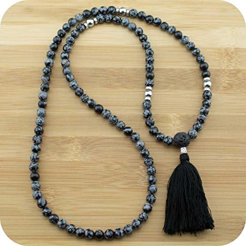 Mala Beads Necklace with Snowflake Obsidian &amp; Silver Hematite