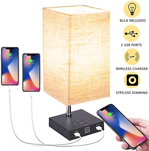 LED Bedside Lamp Touch Control Dimmable with Wireless Charger Table Lamps and 2 USB Charging Ports, Brown Fabric Shade Modern Nightstand for Bedroom Living Room, Only 12v E26 LED Bulbs Included-Brown