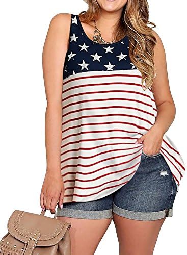 Rotita Women Sleeveless Stars and Stripes Print Plus Size Tank Top Tunic T-Shirt,Red,XX-Large