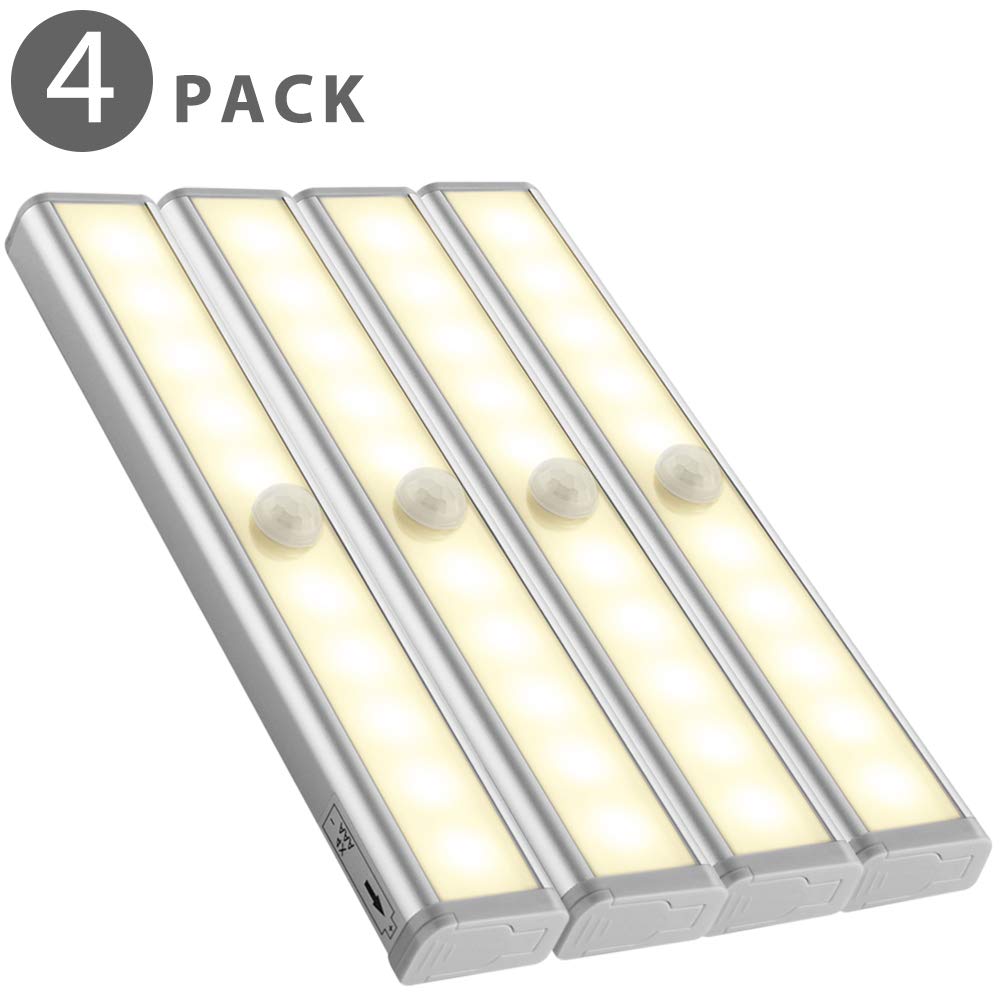 Flexzion Under Cabinet Lighting LED Motion Sensor Closet Lights, Detector Activated, Stick On Night Light Bar for Hallway Stair Counter Cupboard Drawer Cabinet Door, Battery Operated - 4 Pack