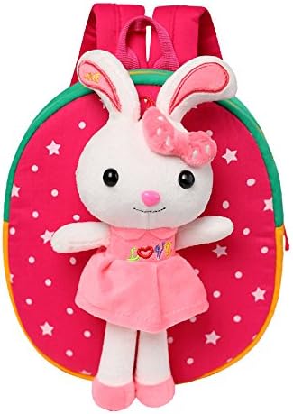 MATMO 3D Cute Cartoon Little Plush Baby Backpack Baby Toy Bag (Rose Red Rabbit with Safety harness)