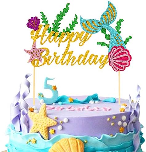 Mermaid Cake Toppers Happy Birthday Under the Sea Glitter Party Favors Supplies Baby Shower Decorations 1 Set