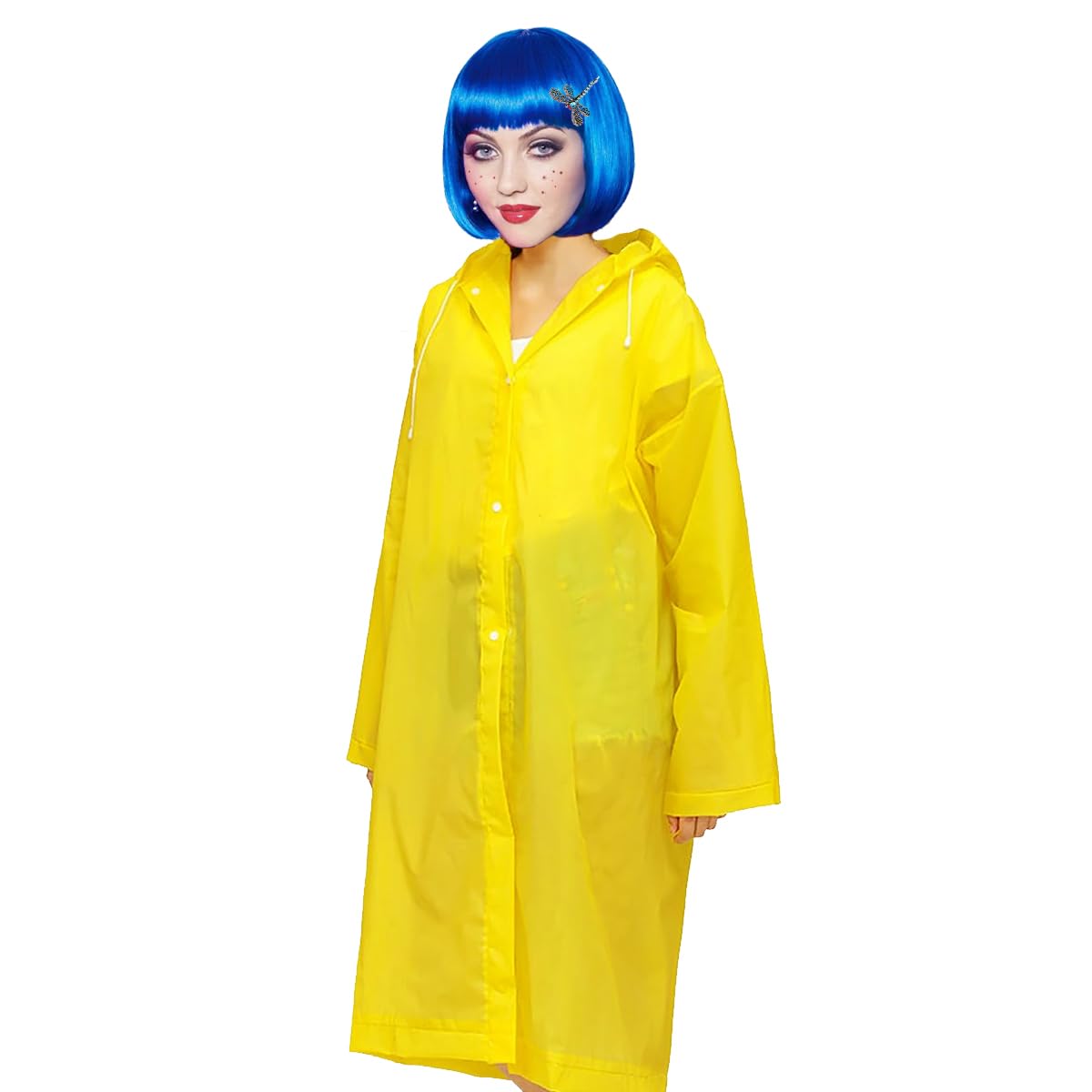 Photo 1 of ***WIG IS DAMAGED*** yaxwhty 4 Pcs Halloween Blue Wig Costume,Halloween Classic Movie Characters Costume Include Blue Wigs,Wig Caps,Yellow Jacket Raincoat and Dragonfly Hair Clip for Adult Women Cosplay