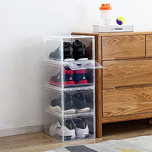 Stackable Shoe Boxes Pack of 4，Foldable Clear Shoe Storage Box