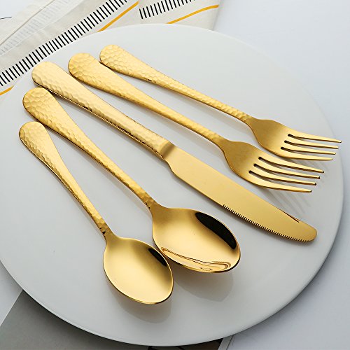 Buyer Star 5-Pieces Flatware Set, Gold Silverware Utensils Stainless Steel Reusable Wedding Dinnerware Cutlery Set, Dessert Spoon Teaspoon Table Knife and Fork - Thumbnail 4