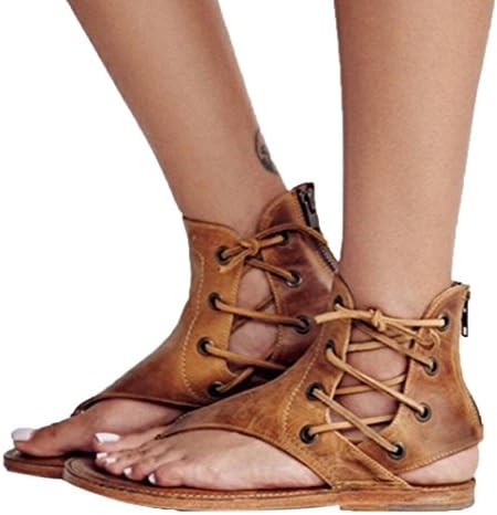 Women Summer Pinch Flat-Bottomed Roman Sandals Strappy Sandals Ankle Flat Straps Leather Shoes