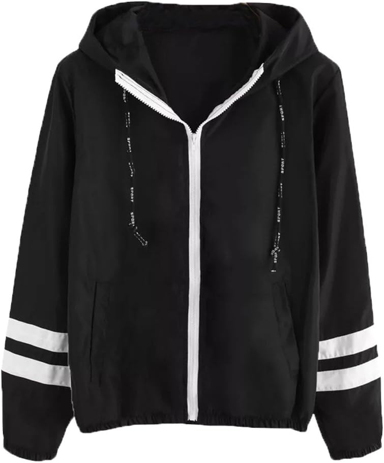 Ularma Women's Lightweight Outerwear Rain Coats Cute Hoodies Striped Drawstring Hooded Windbreakers Jacket for Teen Girls