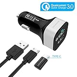Quick Charge 3.0 Car Charger [QC 3.0] Fast Charger - LOVPHONE 2-Port / Dual USB Car Charger Adapter [QC 2.0 Compatible] Black Set with Micro USB Cable and Type-C adapter