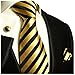 Paul Malone Necktie, Pocket Square and Cufflinks 100% Silk Gold Black Stripes