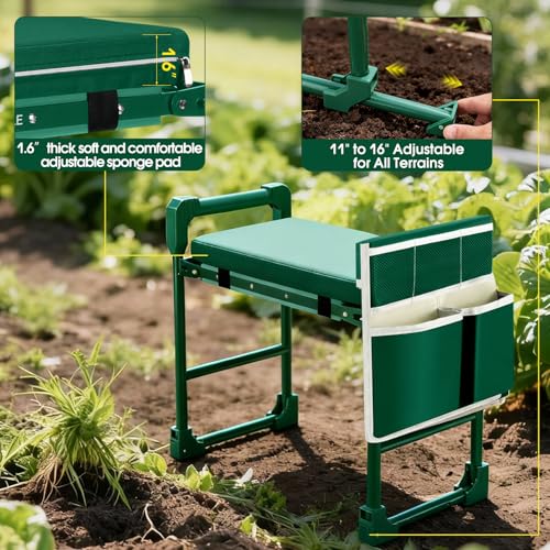 Garden Kneeler and Seat for Seniors: Heavy Duty 420 LBS Support Anti-Tip Multifunctional Gardening Stool Bench with Widened Thick Soft Kneeling Pad & Tool Bag - Foldable for Gardeners