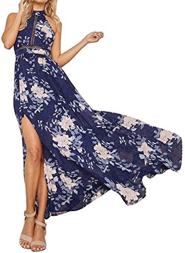 Lurdarin Womens Slim Fit Bohemian Style Floral Print Halter Neck Holiday Dresses Sleeveless Maxi Beach Split Dress