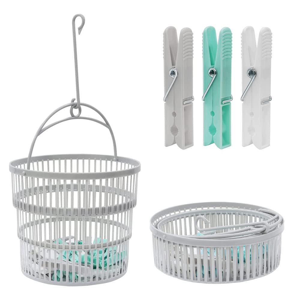 Collapsible Clothes Peg Basket for Washing Line with Hanger & 50 Pcs Multicoloured Clothes Pegs for Washing Line Strong and Durable Plastic Washing Pegs for Heavy Laundry