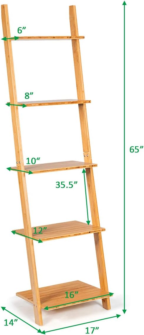 Tangkula 5-Tier Ladder Shelf Bookshelf, Natural Bamboo Wall-Leaning Bookshelf, Plant Flower Stand, Storage Display Shelves for Living Room Bathroom Office, Multifunctional Ladder Bookcase (Natural): Kitchen & Dining
