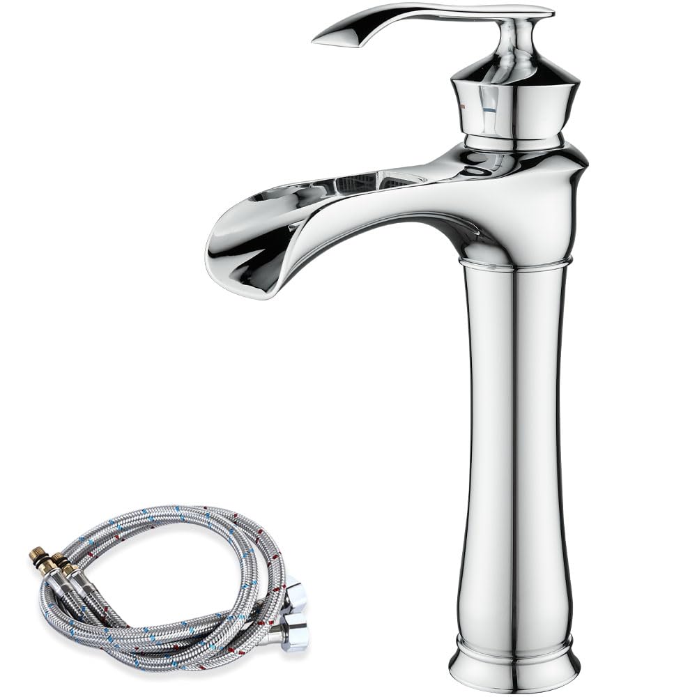 Maynosi Waterfall Bathroom Basin Mixer Tap, High Rise Mixer Taps for Countertop Basin, Tall Retro Sink Faucet with Wide Spout, Single Lever Durable Brass tap with Flexible Hoses (Chrome)