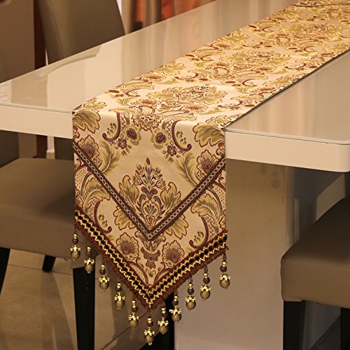 MAGILONA Home Tablecover Bead Decorative Europe Luxurious Cotton Linen Velvet 3D Relief Embroidered Floral Pattern Table Runner Dining Party 13x83 In (Beige)