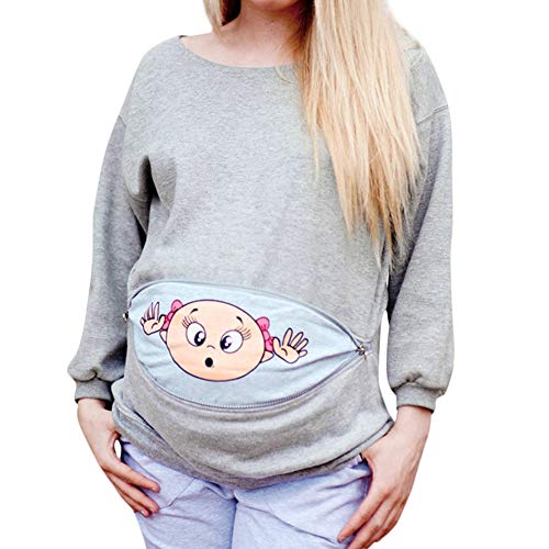 Maternity Blouse, Women Novelty Cute Baby Bump Peeking Funny Zip Pregnant Mother Cartoon Humor T-Shirt Tops