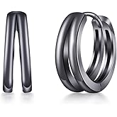 PHNIBIRD Black Double Hoop Earrings Men 925 Sterling Silver Split Hoop Huggie Earrings for Men and Women Simple Stylish 15MM