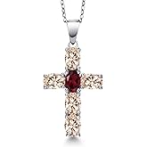 Gem Stone King 925 Sterling Silver Peach Morganite and Red Rhodolite Garnet Cross Pendant Necklace for Women | 3.00 Cttw | Gemstone October Birthstone | Oval 6X4MM | With 18 Inch Chain