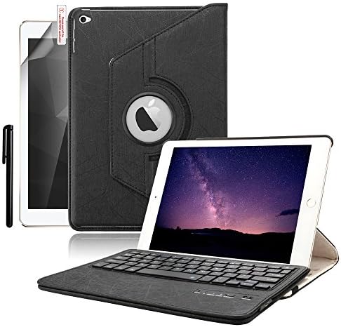 iPad Air 2 Keyboard Case, BoriYuan 360 Degree Rotating Detachable Wireless Bluetooth Keyboard Folio Stand PU Leather Cover for Apple iPad Air 2 with Screen Protector and Stylus (Black)
