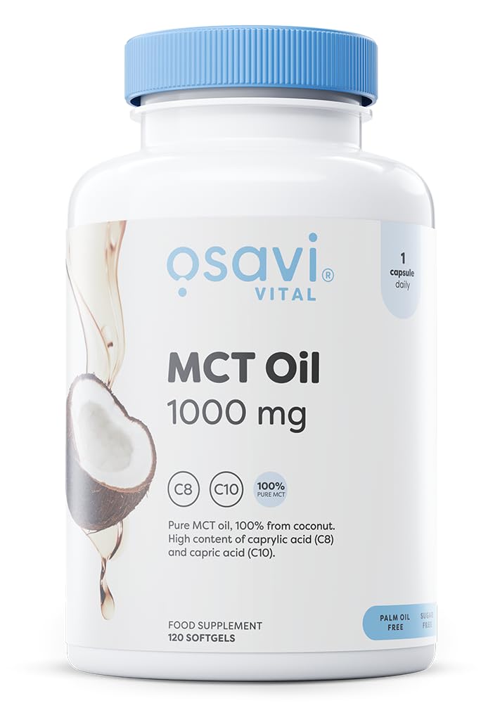 Osavi MCT Oil 1000mg – 120 Softgels | High Concentration of Caprylic (C8) and Capric (C10) Acids | 100% Coconut Oil, Palm Oil Free | Eco–Friendly BioPET Packaging
