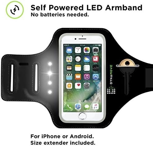 Running Armband for Iphone 6, 6S, 7 or Android: Dynamove Motion Powered LED with Fingerprint Touch ID Support, Key Holder, Cash &amp; Cards Slot + Size Extender included - No batteries needed