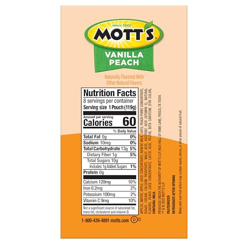 MOTT’S FRUIT SMOOTHIES VANILLA PEACH, 4.2 OZ CLEAR POUCHES, 8 PACK, MADE WITH MILK, MADE WITH REAL FRUIT, GOOD SOURCE OF CALCIUM, ON-THE-GO