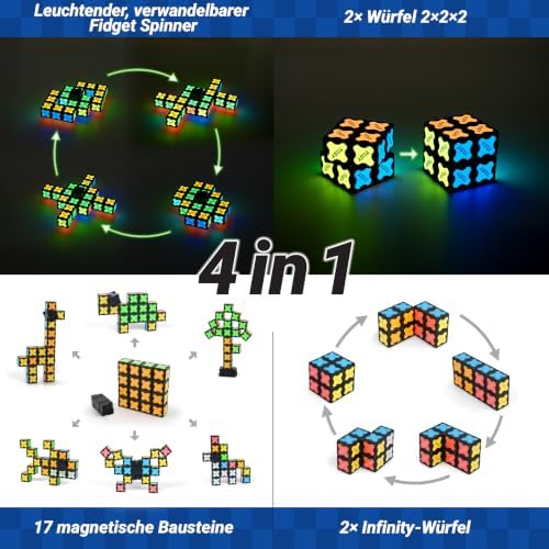 Magnet Fidget Spinner Glow – 16 Bausteine, 3-in-1: verwandelbarer Fidget-Spinner, Infinity-Würfel, 2x2 Puzzlewürfel, Leuchtend, Anti-Stress, STEM-Magnetspielzeug