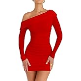 LCNBA Women's Sexy One Shoulder Mesh Long Sleeve Ruched Bodycon Club Party Mini Dress