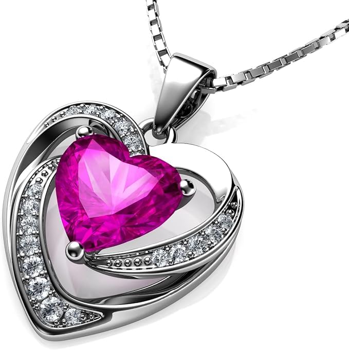 DEPHINI Crystal Heart Necklace – 925 Sterling Silver, Cubic Zirconia Pendant, Rhodium Plated Jewellery for Women (Pink)