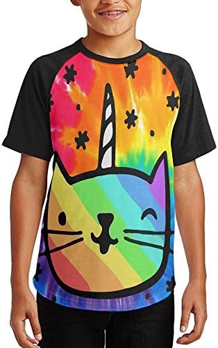 LzVong Teenager T-Shirts Colored Cat Unicorm Youth Crewneck Full Print Casual Short Sleeve Tee