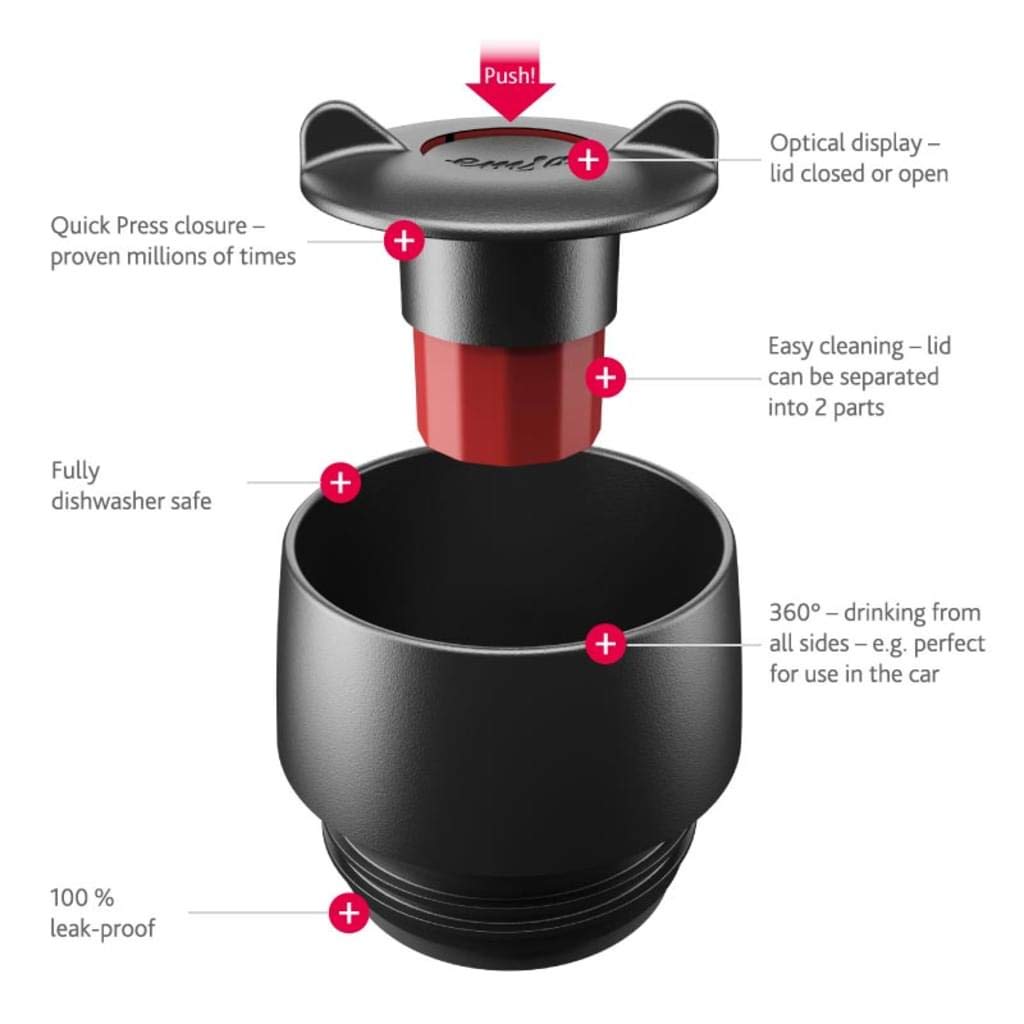 (Black) - Emsa 513361 Travel Mug insulated drinking cup with Quick Press closure, 360 ml, black