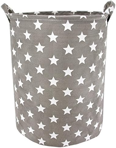 Jacone Cute Stars Pattern Design Laundry Hamper Ramie Cotton Fabric Waterproof Cylindric Storage Basket Bucket with Handles,Decorative and Convenient for Kids Bedroom (Grey)