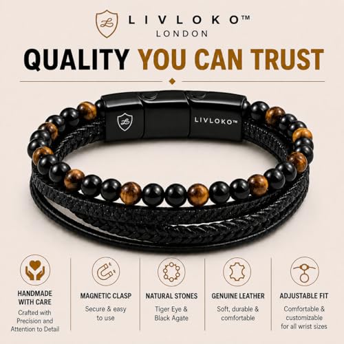 LIVLOKO LONDON Mens Bracelet Leather Black Multi-Layer Stone Beads Magnetic Adjutable Steel Clasp Viking Rope Bands Surfer Man Wristband Male UK Jewellery Gift box Boyfriend Dad Son Brother Tiger Eye