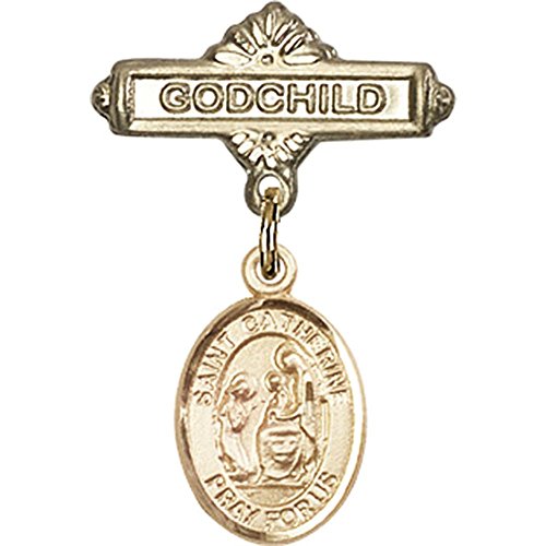Gold Filled Baby Badge with St. Catherine of Siena Charm and Godchild Badge Pin 1 X 5/8 inches