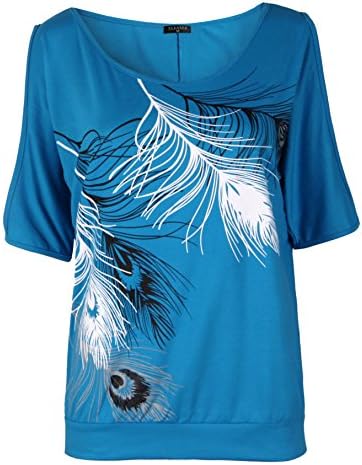 Fleasee Women's O Neck Feather Print Shirt Casual Cutout Sleeve Top Blouse(X-Large),Blue