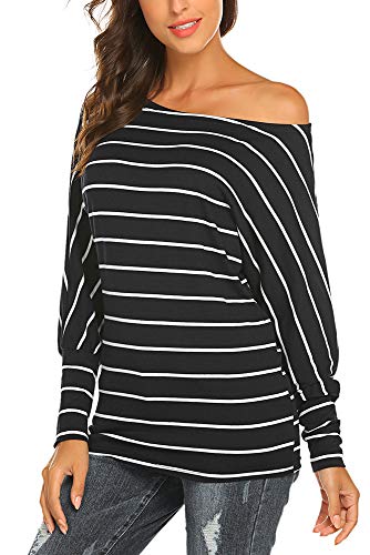 Womens Striped Off the Shoulder Tops Long Sleeve Blouse Shirt Large Black