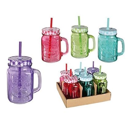 DRULINE 6er Set Trinkglas Henkel Halm Trinkhalm Trinkbecher Glas Becher 400ml Bunt