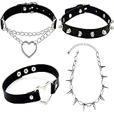 Gothic Punk Leather Choker Necklace Set, Black Faux Leather with Silver Alloy Chain, 4 Piece Collection with Spikes and Heart Pendant