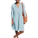 Lafural Womens V Neck Cotton Casual Loose Shift Tunic Smock Summer Dresses Vacation Dress 3/4 Sleeve Pocket