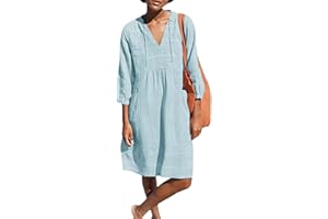 Lafural Womens V Neck Cotton Casual Loose Shift Tunic Smock Summer Dresses Vacation Dress 3/4 Sleeve Pocket