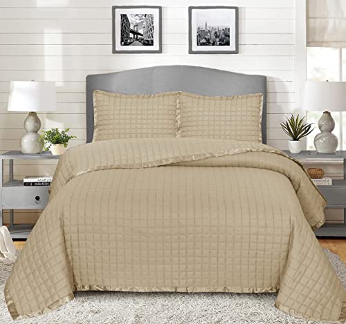 B&B Quilted Bedspreads Bed Throw Double Bedding Set - Silk Border Embossed patterned bedspread Throw Blanket Comforter Double Bed in 3PCS with 2 soft pillow Shams (Osca Beige)
