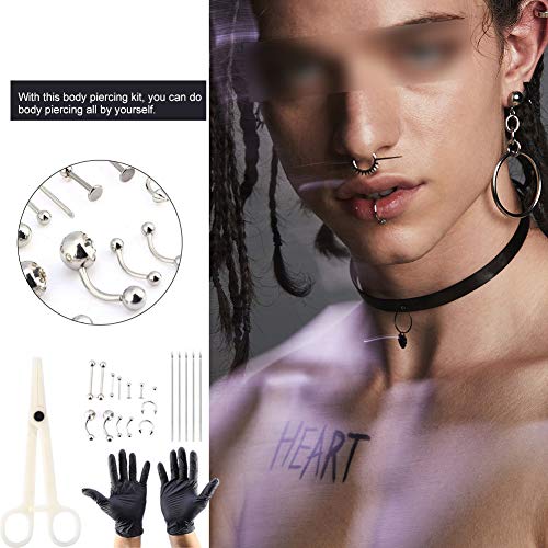 20PCS Professional Body Piercing Kit Stainless Steel Belly Ring Tongue Tragus Nipple Labret Lip Nose Piercing Needles Gloves Tools